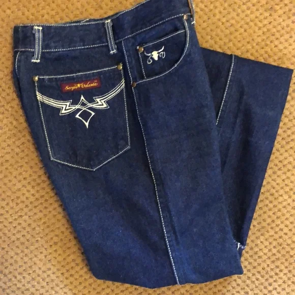 Sergio Valente VTG Mid 70s Dark Indigo Wash High Waist Jeans contrast Stitching - Picture 2 of 9